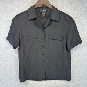 Studio 3000 Blouse Top Womens Size Small Black 100% Silk Short Sleeve Button Up